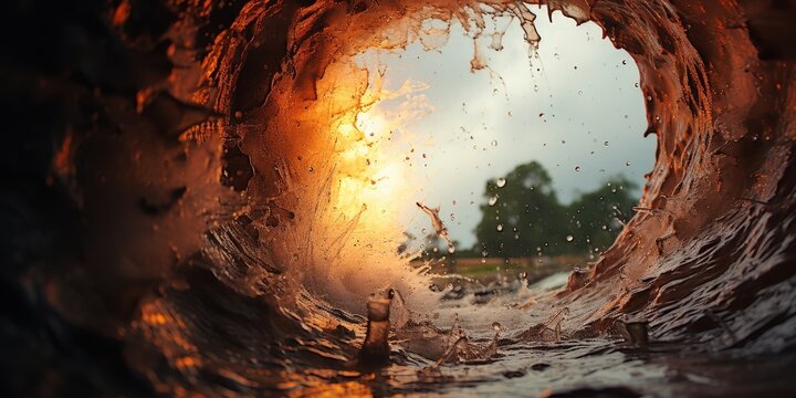 A Glimmering Portal Through a Breaking Wave, Revealing a Sunlit Sky and a Distant Horizon