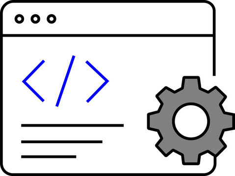 Browser Window with Code Brackets and Gear Outline Vector Icon. Web Development Coding Interface Line Icon with Settings Gear.