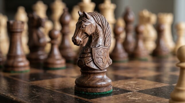 Detailed wooden knight chess piece on classic chessboard with blurred pieces in background; close up focus on carved horse head and board texture for strategy and tabletop game concept.