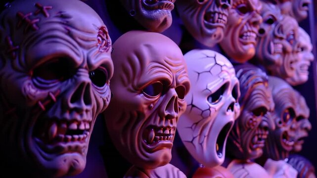 Rows of detailed zombie masks with stitching, under dim purple lights