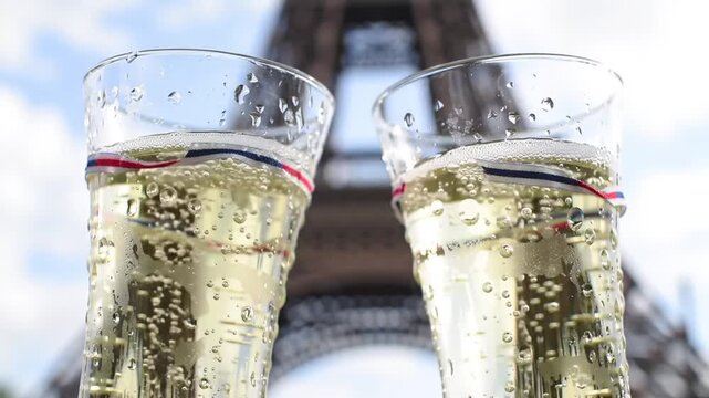 Two champagne glasses with French ribbons before Eiffel Tower Paris