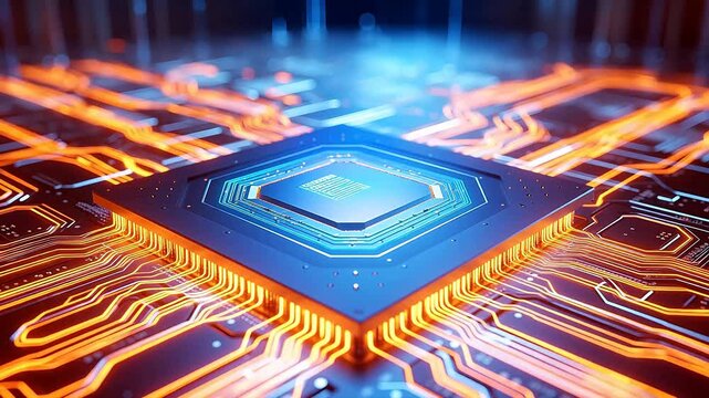 Digital technology blue futuristic microchip processor with lights abstract background