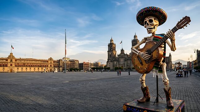 Skeleton mariachi playing guitar in a historic city plaza