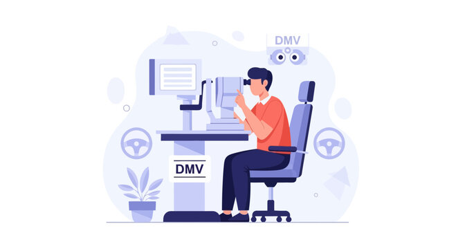 Man Undergoing Vision Test at DMV for Driver's License Renewal - Flat Design Illustration