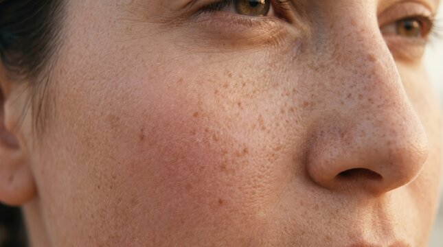 Close up of adult female face with freckles and textured skin showing cheek profile and natural light, intimate neutral portrait in interior setting