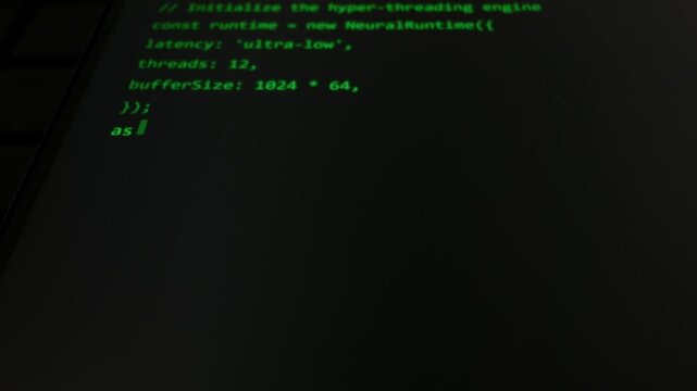 Close up of green computer code typing on a dark monitor screen. The text reads initialize the hype with a blinking cursor. Concept of artificial intelligence generating software.
