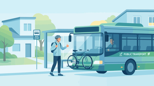 Commuter with bicycle at bus stop, public transport concept, urban scene