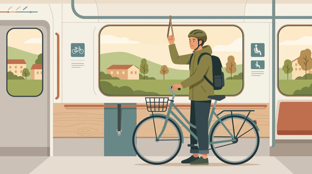 Commuter with bicycle on train, sustainable travel, city to countryside