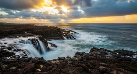 Fototapeta premium Rocky coastline waves crashing, dramatic cloudy sky at sunset