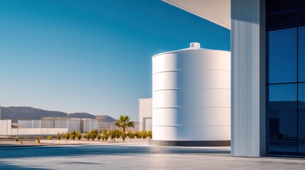 Obraz premium A modern industrial structure with a large white tank under a clear blue sky and mountains in the background