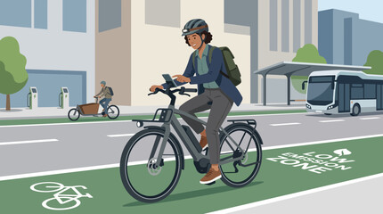 Fototapeta premium Woman riding e-bike on city bike lane, green transport, smart city concept