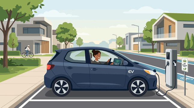 Woman charging electric car in modern eco-friendly neighborhood