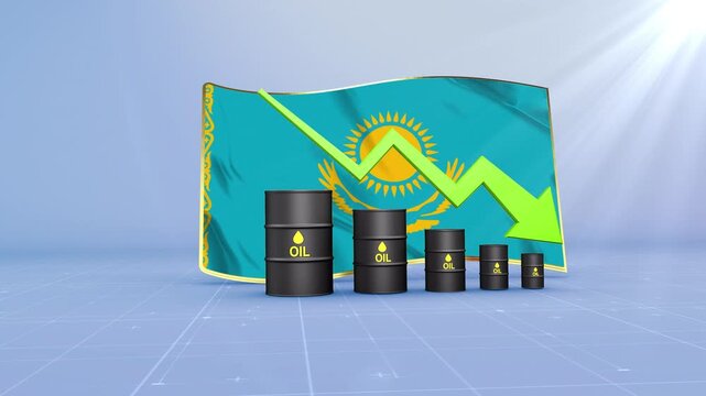 Kazakhstan Oil Price Falling with Oil Barrels Downward Green Arrow and 3D Financial Data Visualization Graphs for Economy and Business Concept
