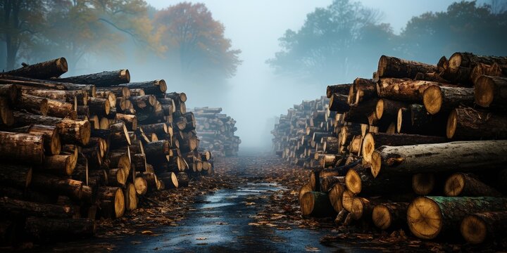 A misty forest path lined by towering stacks of felled logs, each one telling a story of nature's cyclical renewal.