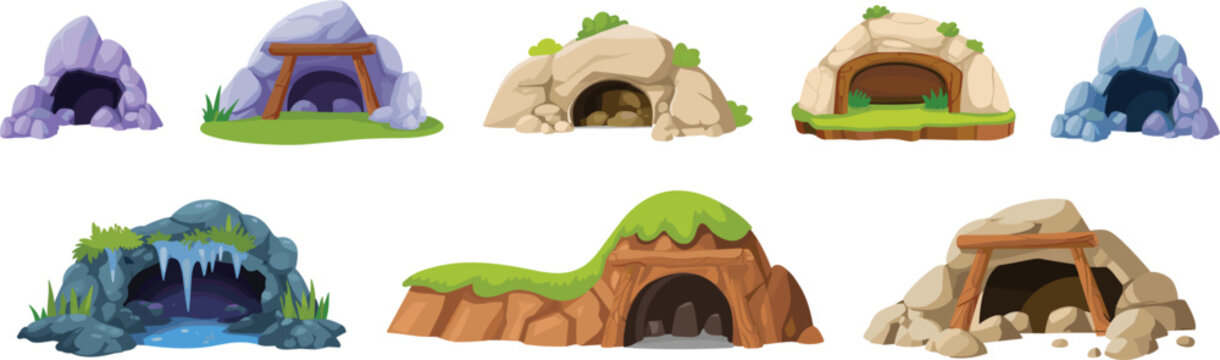 Cave and mine entrance vector set, cartoon stone cavern and gold mine elements isolated on white background