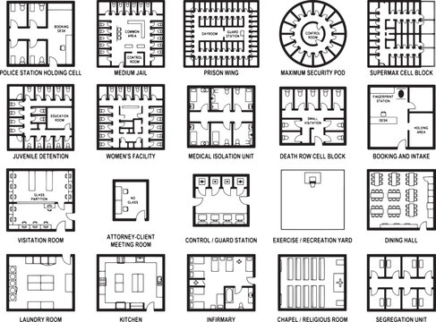 Schematic floor plan collection of correctional facility building, including police holding cell, medium jail, prison wing, maximum security pod, supermax cell block, juvenile detention.
