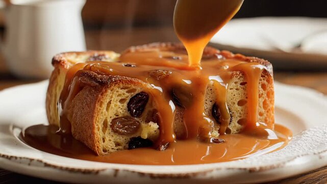 Warm baked dessert with sweet sauce pouring on top close up view delicious confection baked with dried fruit and batter