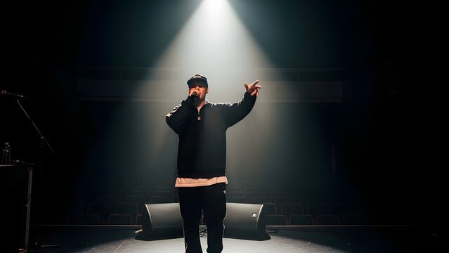 Rapper performs on a dark stage while illuminated by a single bright spotlight from above.