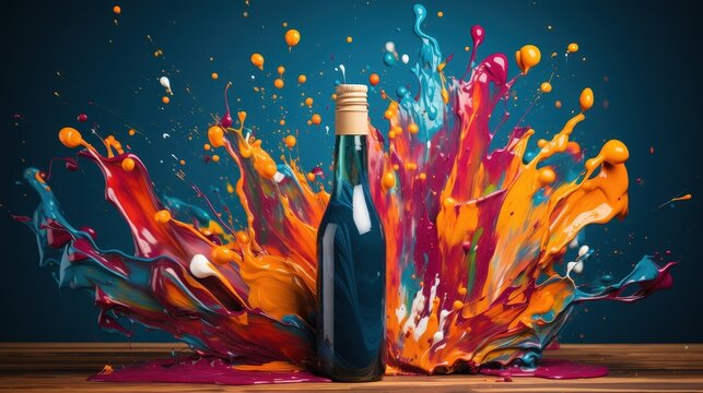 A bottle of liquid stands stoic against a vibrant backdrop of colorful paint splatter, a symphony of motion and stillness.