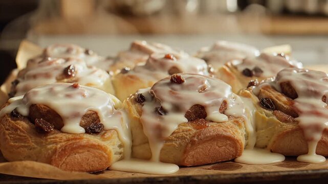 Warm sweet pastry dessert covered in creamy glaze freshly baked comfort food