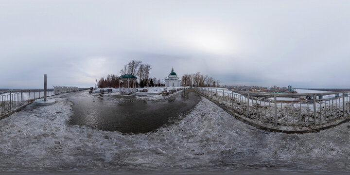 March 22 2026 Barnaul Russia Nagorny Park panorama with Orthodox church of St John the Baptist overlooking Ob River and city snowy winter scenic view