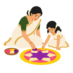 South Indian mother and daughter making pookalam floral rengoli for kerala onam festival  © Ammu