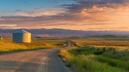 Obraz premium A serene landscape featuring a gravel road leading to a distant silo under a colorful sunset