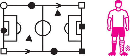 Soccer field tactical diagram and injured football player vector icon with leg bandage for sports medicine and coaching strategy © reza