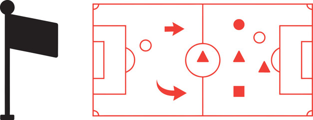 Soccer field tactical board with game strategy symbols and black flag icon vector for sports planning © reza