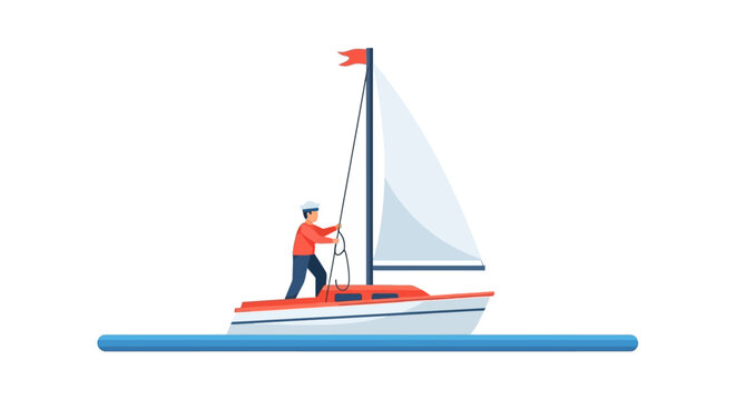 Person sailing small boat with red flag outdoors.