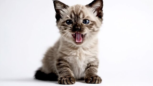 Adorable seal point kitten opening mouth and meowing sitting in studio against a white background with a soft focus