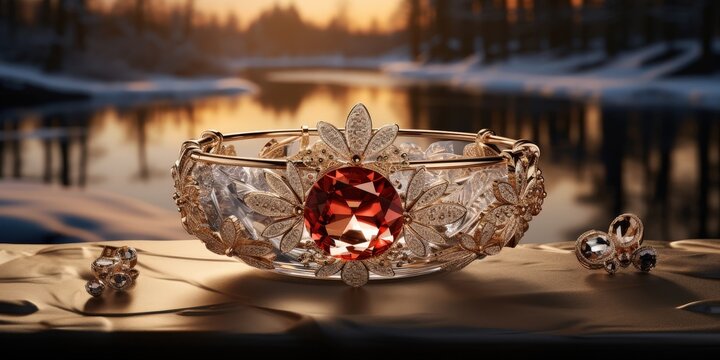 A Sparkling Gemstone Ring Adorned with Diamond-Like Accents in a Glass Bowl Against a Blurred Winter Landscape