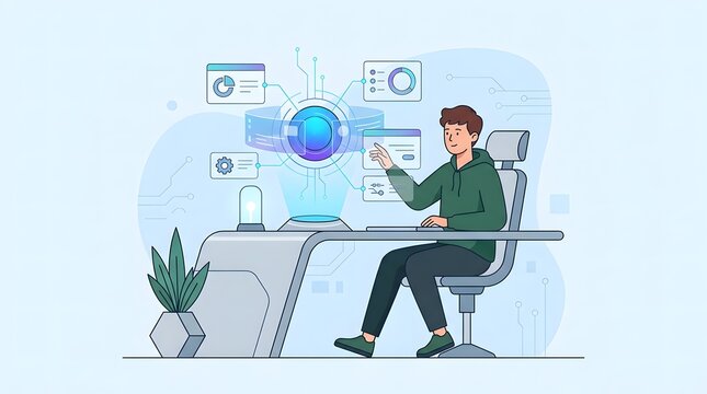 Man working on computer with ai interface and data visualization