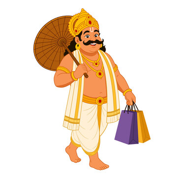 King mahabali holding a traditional umbrella and colorful shopping bags for kerala onam festival sale and celebration 