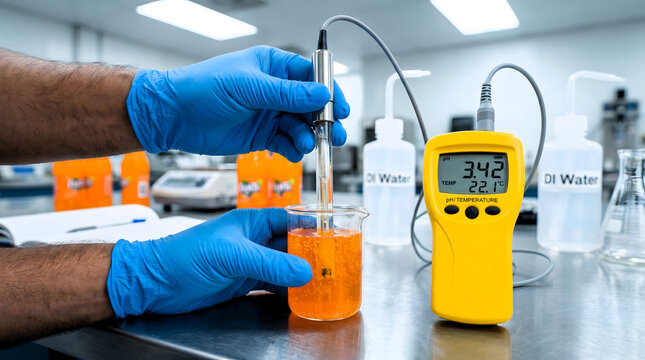 A scientist in blue gloves tests the acidity level of an orange soda using a digital pH meter