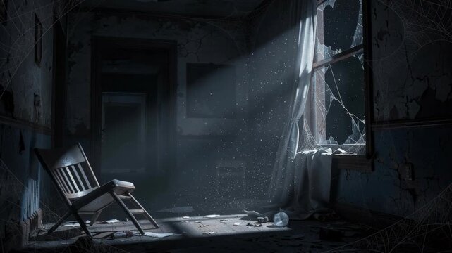 Abandoned room with broken window and dusty sunlight beams in dark eerie interior