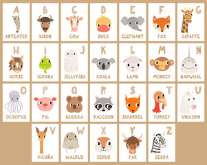 Naklejka premium Cute animals, English alphabet, ABC letters cards, flashcards. Wildlife cartoon characters. Kids preschool, school educational, learning materials. Hand drawn flat vector illustration, design element