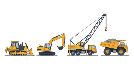 Four yellow construction machines—excavator, crane, bulldozer, and dump truck—displayed in a row against a neutral background. © shahzad