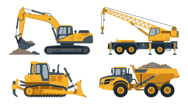 Illustrated lineup of heavy-duty construction vehicles featuring a bulldozer, excavator, crane, and dump truck.