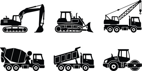 Heavy Construction Equipment Black Silhouette Icon Set with Excavator Bulldozer Crane Concrete Mixer Dump Truck and Road Roller Machinery Vectors for Industrial Branding © MdSifat