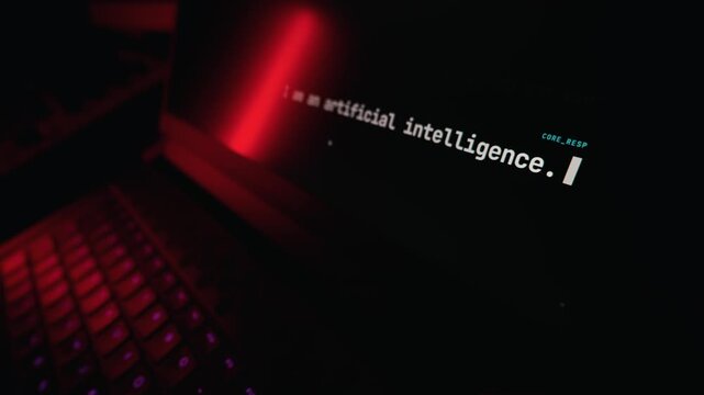 A glowing laptop screen displays a user typing a question to an artificial intelligence bot. Concept of machine learning, modern technology, and the future of human computer interaction.