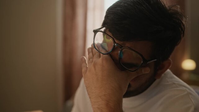 Closeup shot of Indian young man sitting at desk at home and rubbing eyes due to digital eye strain. Footage represents remote work burnout, mental fatigue, and wellness concepts