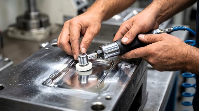 Industrial worker polishing a precision steel metal mold using a pneumatic rotary abrasive tool