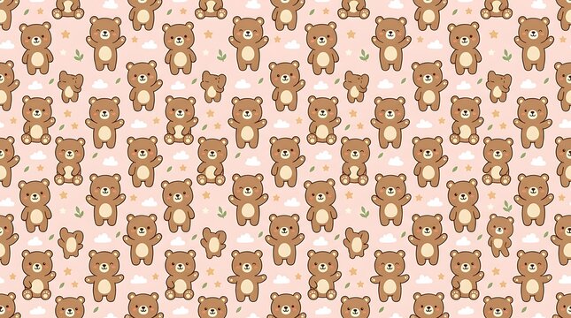Seamless pattern with cute cartoon bears on peach background