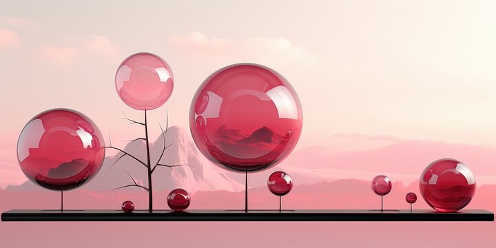 A surreal landscape with red spherical orbs resting on a black surface, evoking a sense of tranquility and wonder.