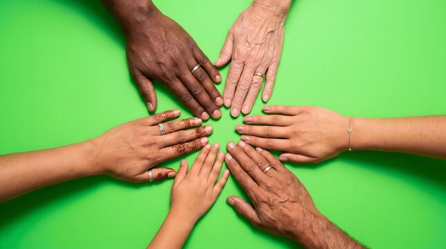 Diverse hands of various ages and ethnicities joined together in a circle on a green background