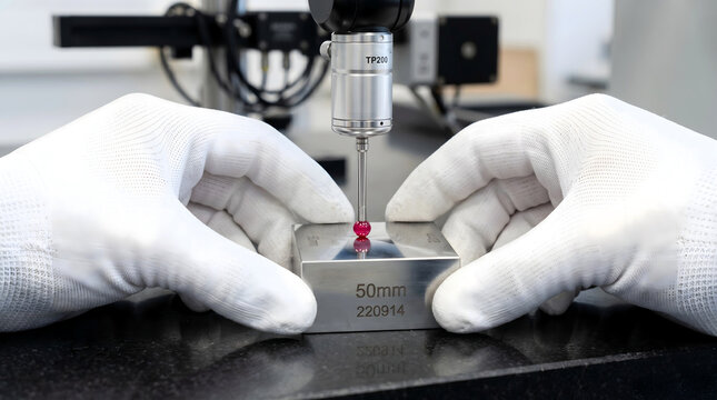 A technician wearing white cotton gloves measuring a steel gauge block with a touch probe sensor