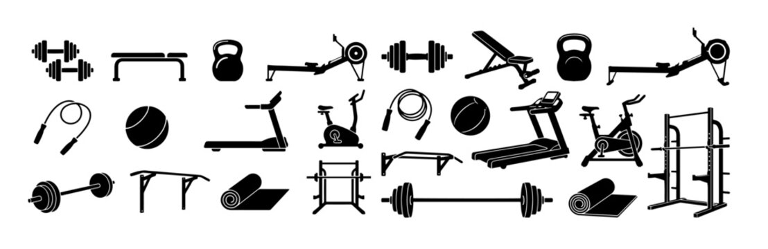 Gym fitness workout equipment icons set barbell dumbbell silhouette vector