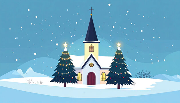 Small white church with dark steeple.