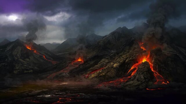 Volcanic Eruption Landscape with Glowing Lava Flows Across Dark Rugged Mountains Cinematic Nature Scene